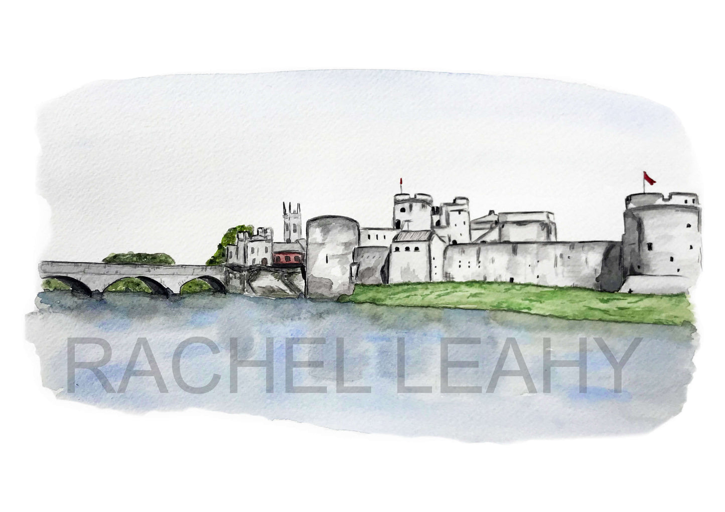 Watercolour painting print of King Johns Castle Limerick city by Irish Artist. Framed and for sale.
