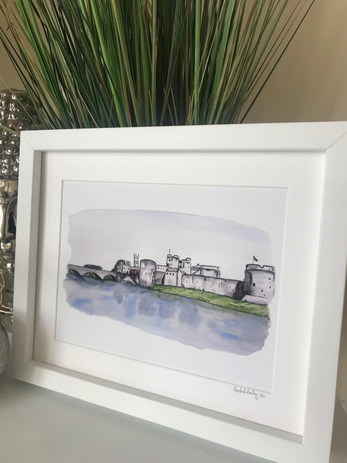 Watercolour painting print of King Johns Castle Limerick city by Irish Artist. Framed and for sale.