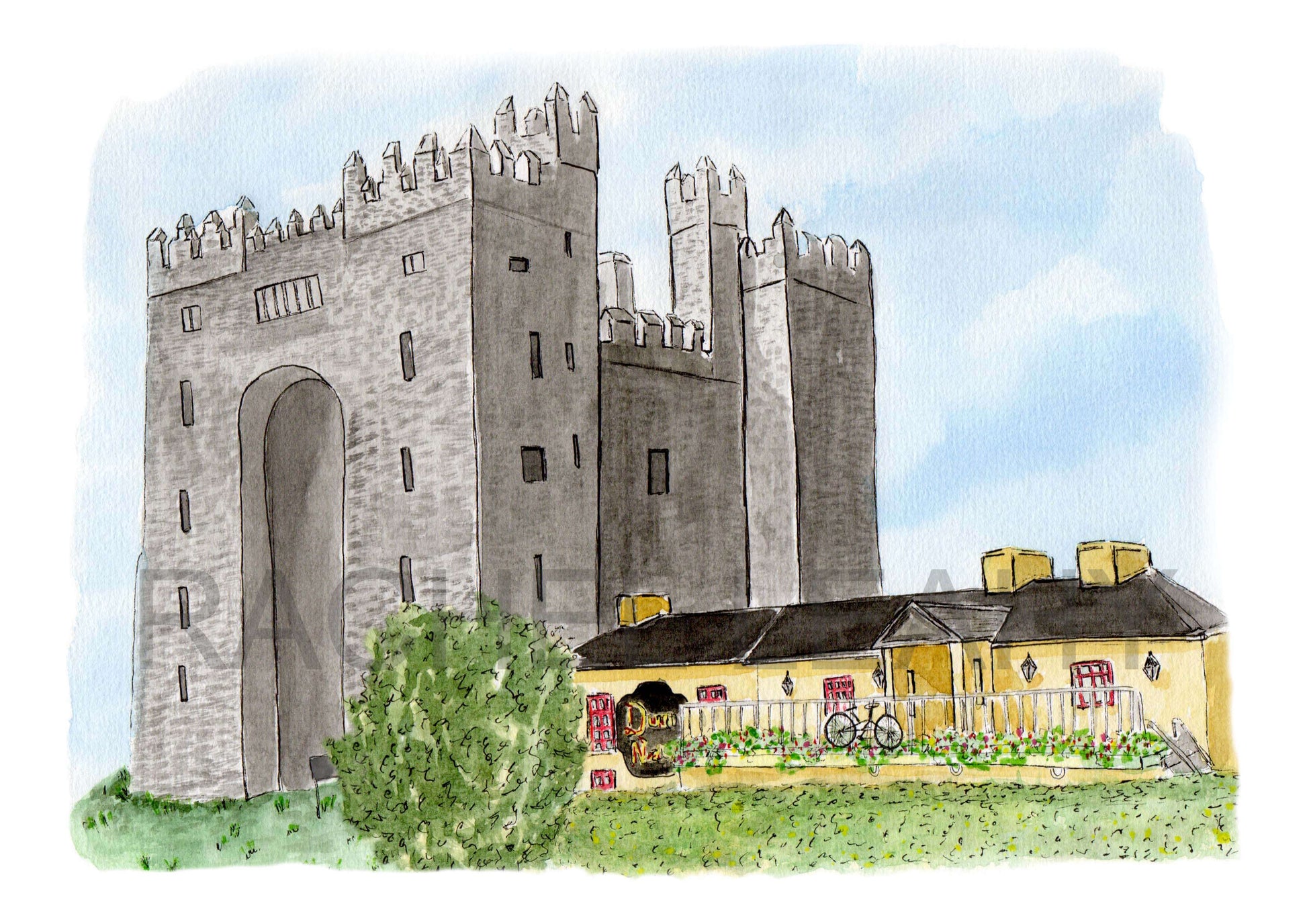 Original painting print Bunratty Castle and Durty Nellys Co Clare landmark and tourist attraction. Gift idea and keepsake