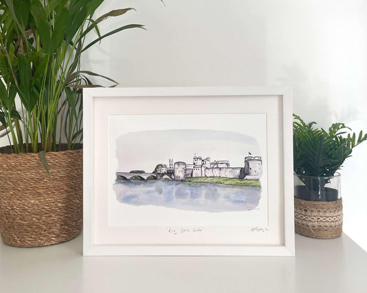 Watercolour painting print of King Johns Castle Limerick city by Irish Artist. Framed and for sale.
